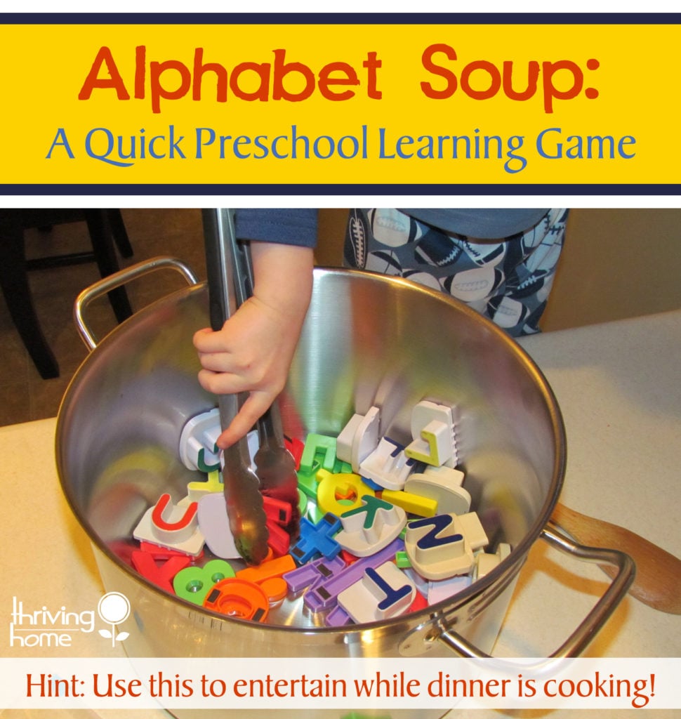 While making dinner, let your preschooler make some "alphabet soup" at the counter. Here's how we play this super simple letter sounds game...