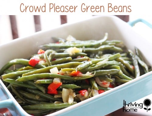 Green beans in a blue baking dish