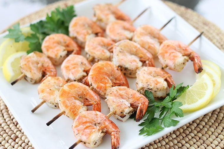 cooked mediterranean shrimp on skewers