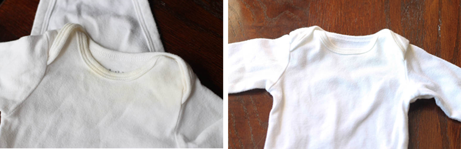 Baby clothes with yellow stains before and after washing with oxiclean