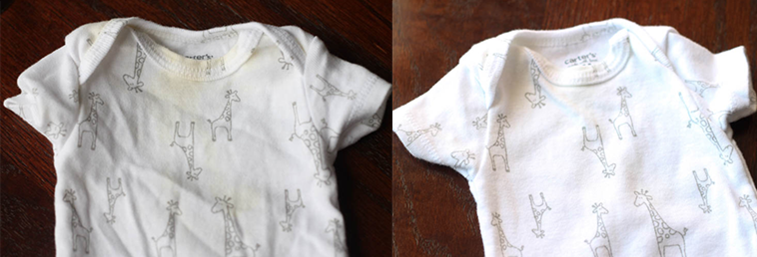 Baby clothes with yellow stains before and after washing
