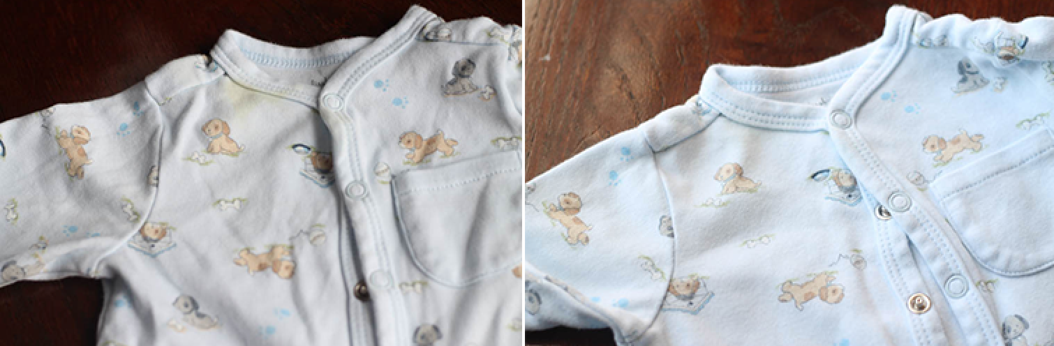 Baby clothes before and after washing with oxiclean