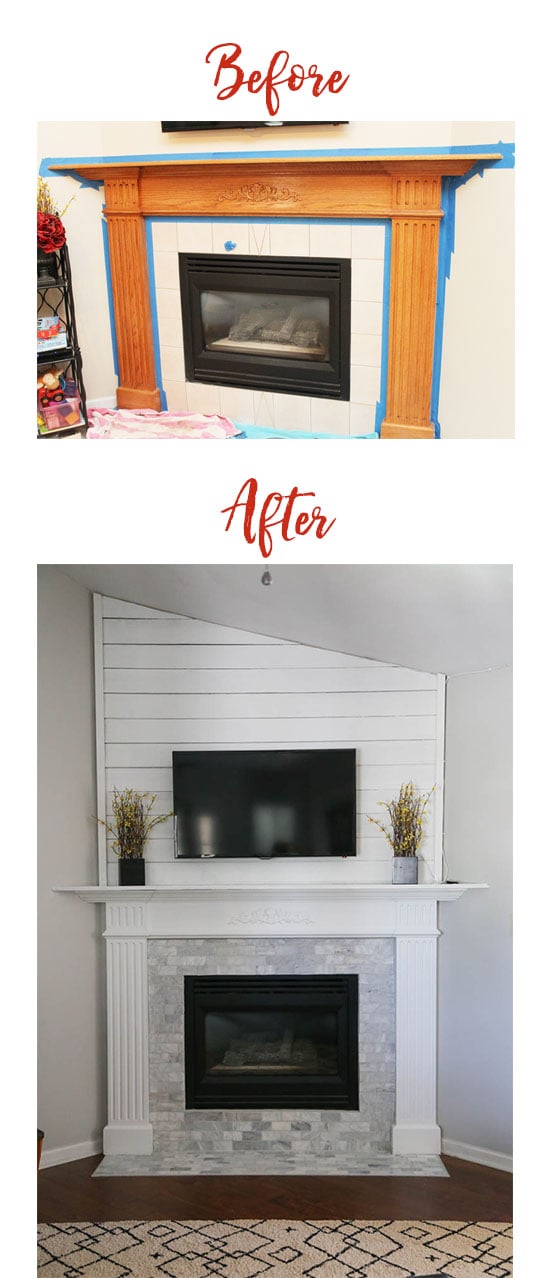Before and After fireplace/mantle update. Using shiplap, paint and updated tile, this fireplace is now a focal point in our home!