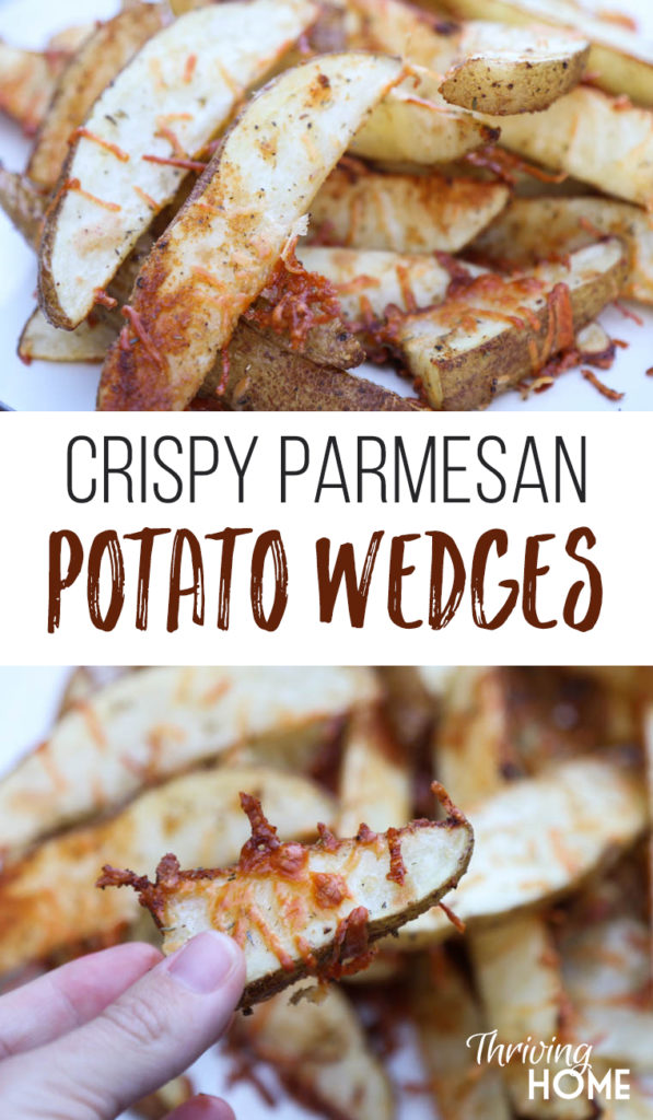 Crispy parmesan potato wedges piled on top of each other 