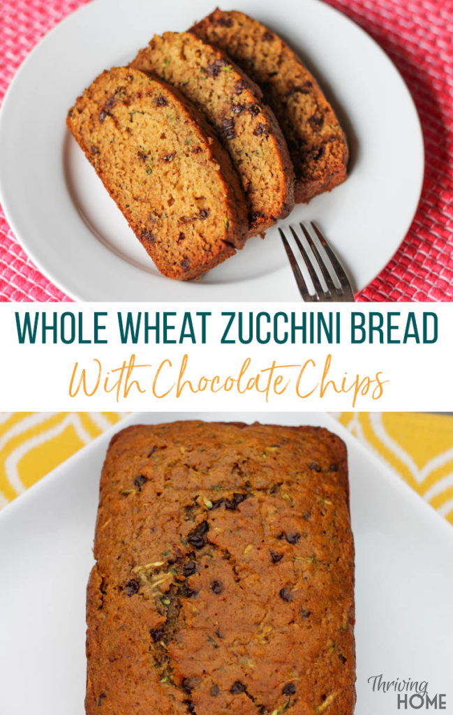 Chocolate chip zucchini bread sliced on a plate