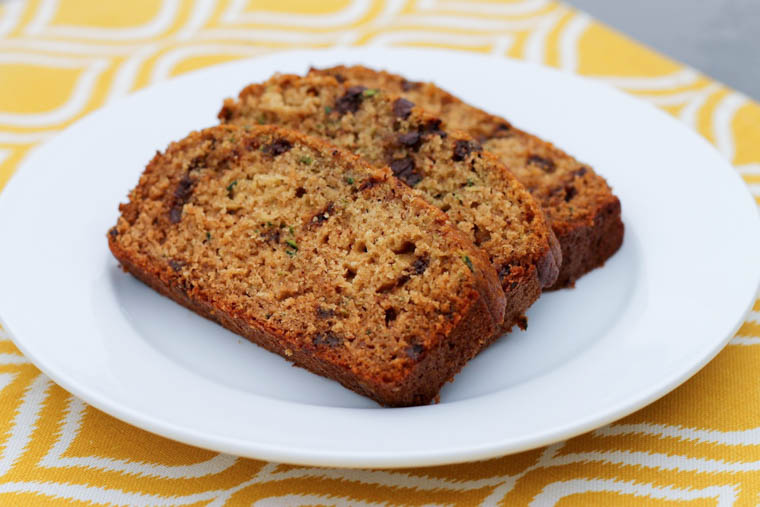 Chocolate chip zucchini bread sliced on a plate