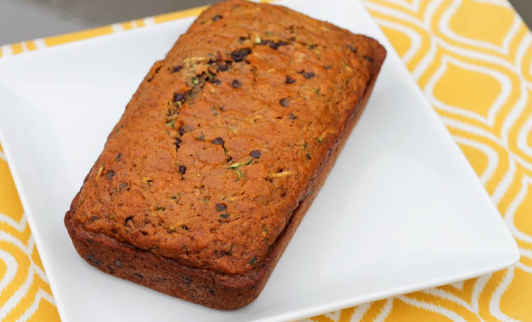 A baked loaf of chocolate chip zucchini bread