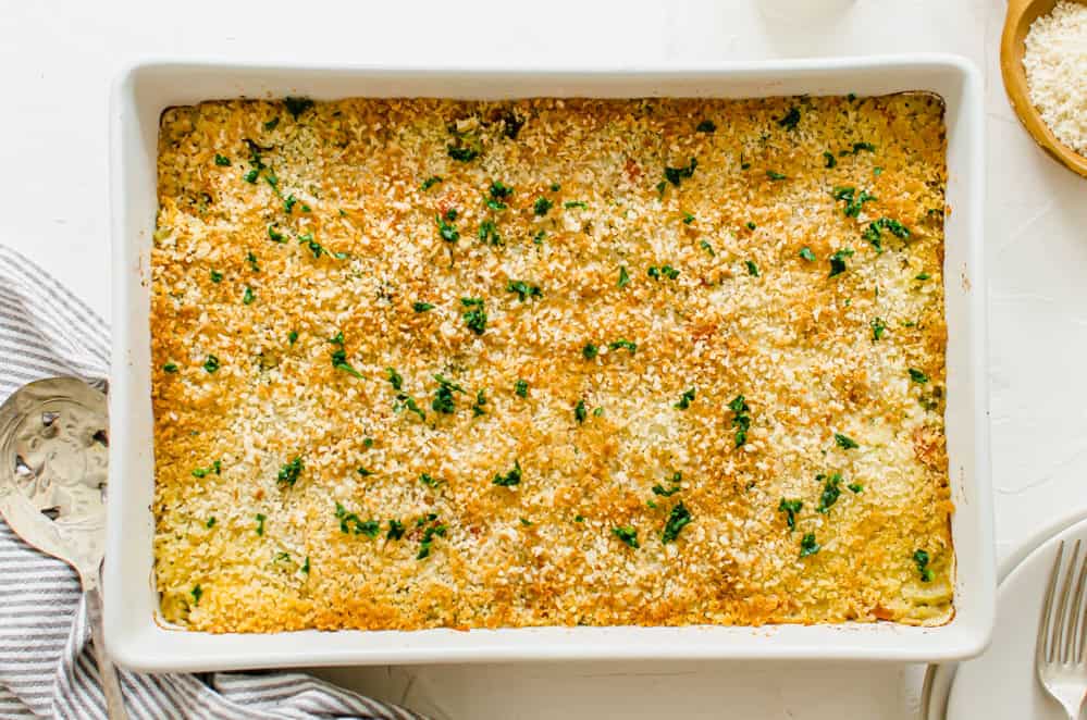 Baked chicken, rice, and broccoli casserole that's ready to serve.