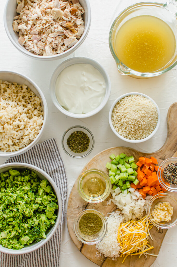 overhead shot of ingredients like chicken, rice, and veggies