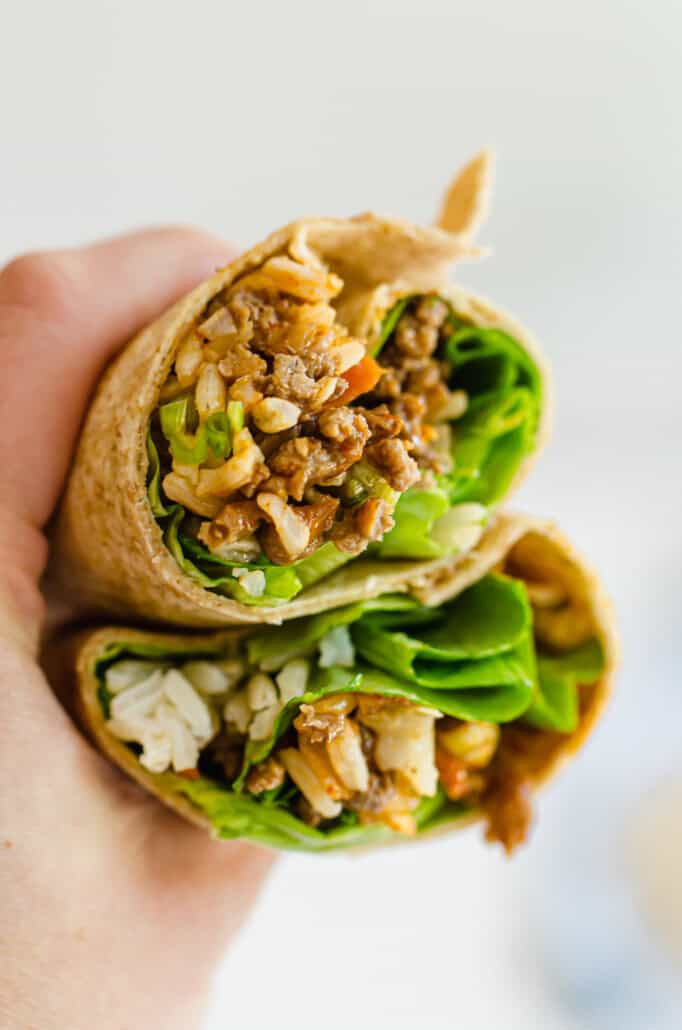 hand holding an asian chicken wrap that's cut in half