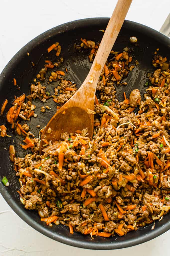 lettuce wrap filling in skillet with veggies