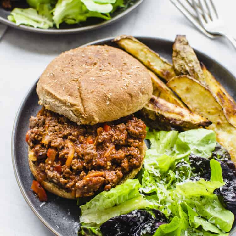 Sloppy Joe on a plate with a salad and steak fries.