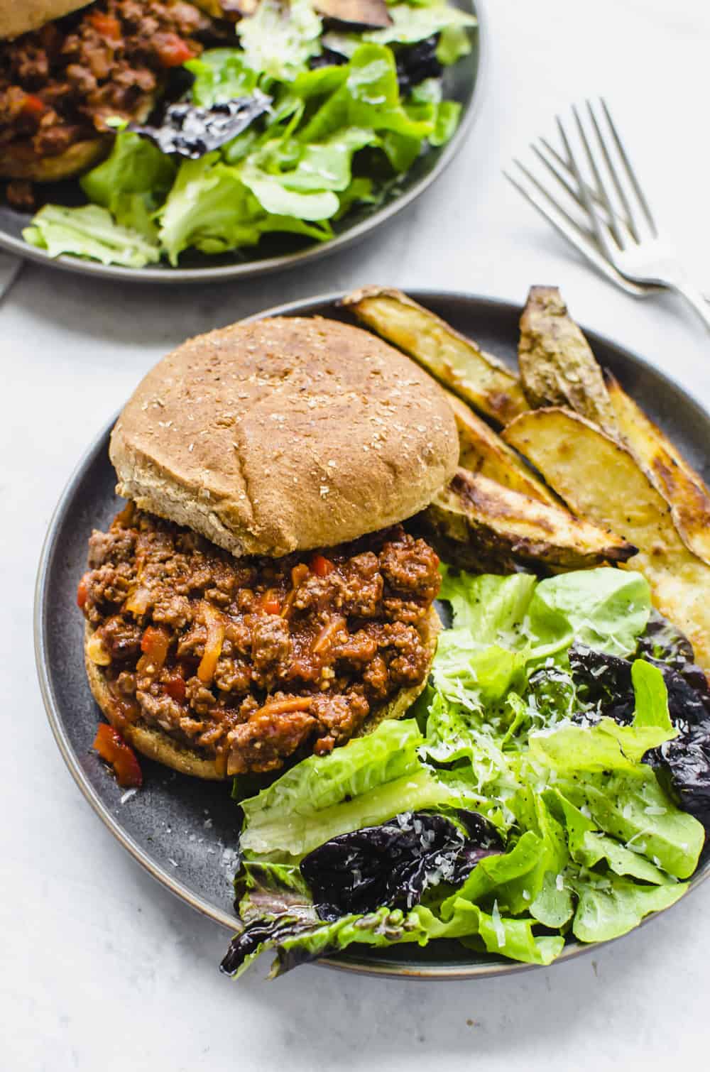 Sloppy Joe on a plate with a salad and steak fries.