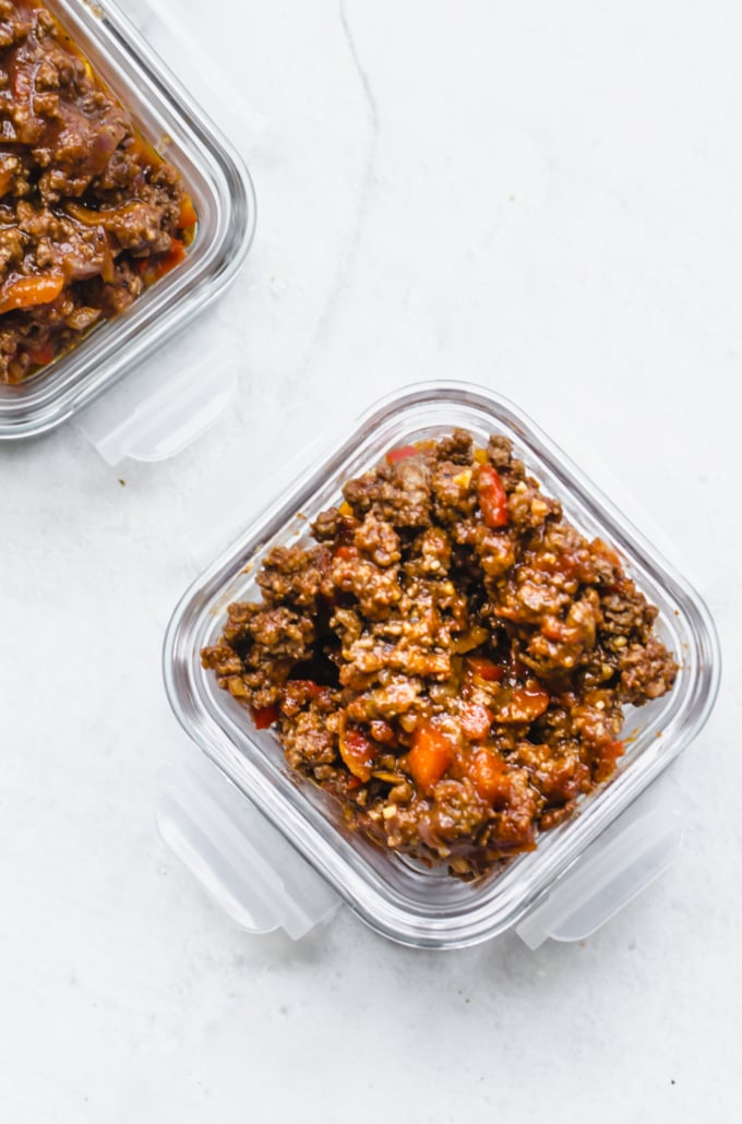 Healthy sloppy joe recipe meat mixture in small freezer containers.