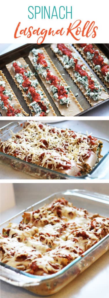 Freezer meal, spinach lasagna roll recipe. A family favorite packed with spinach, marinara sauce, and yummy cheese!
