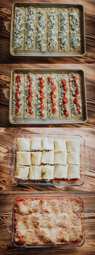 Step by step image of how to make spinach lasagna rolls