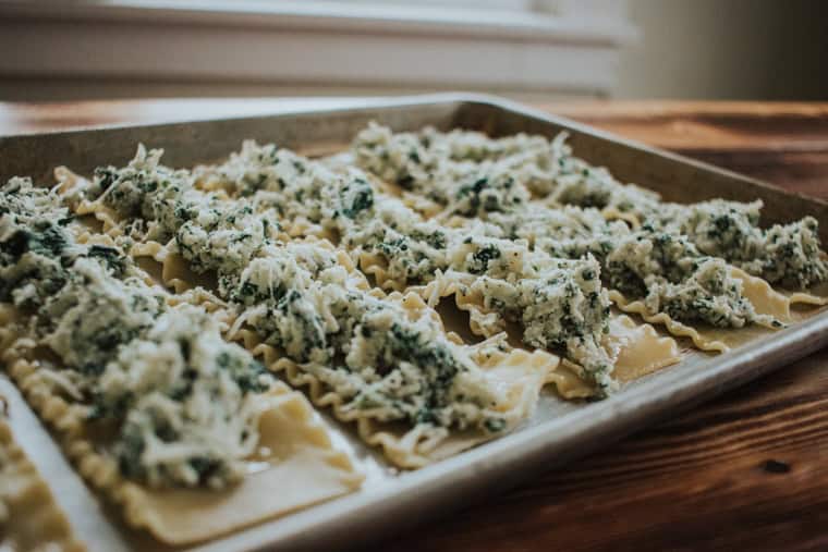 Filling for spinach lasagna rolls on cooked noodles