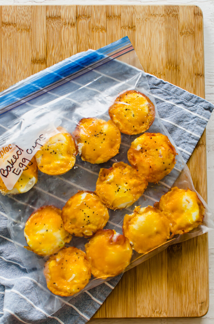 Fully cooked ham and egg cups in a freezer bag.