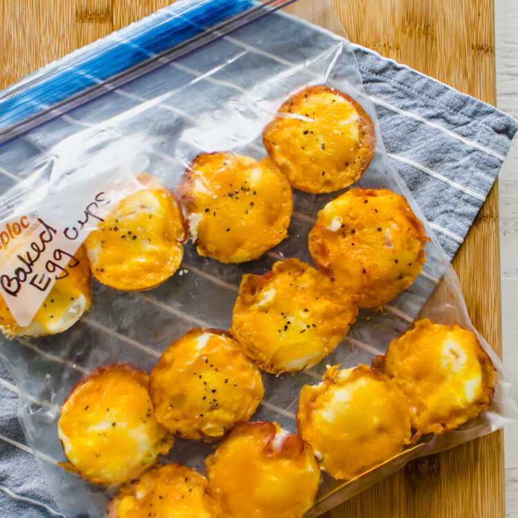 Fully cooked ham and egg cups in a freezer bag.