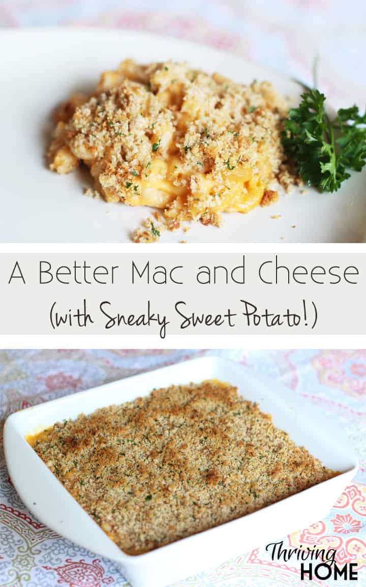 Healthy mac and cheese on a plate in one image and in a casserole dish in another image.