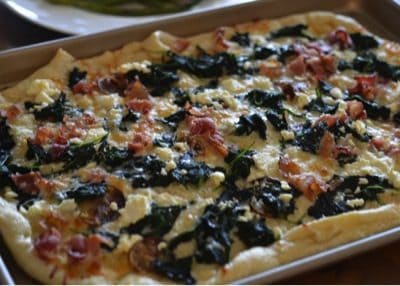 kale, yukon golds, and bacon pizza