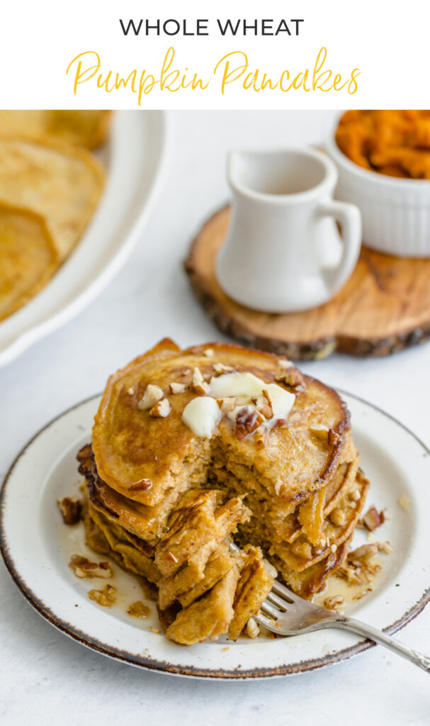 whole wheat pumpkin pancakes being sliced into