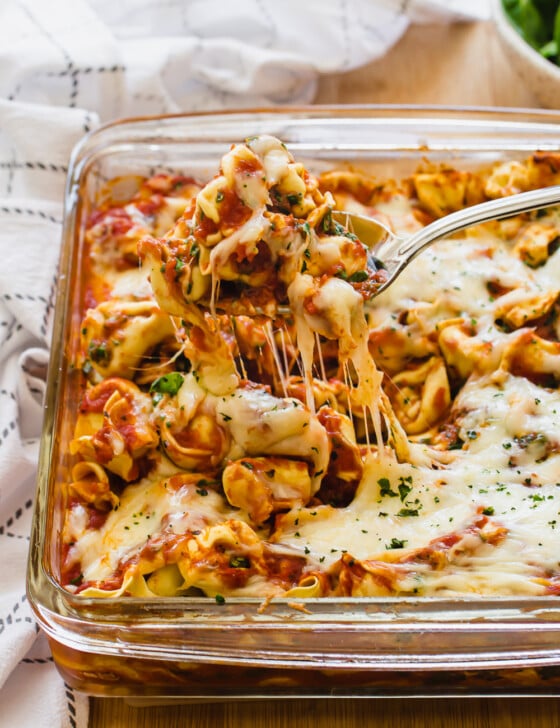 baked cheese tortellini in glass dish