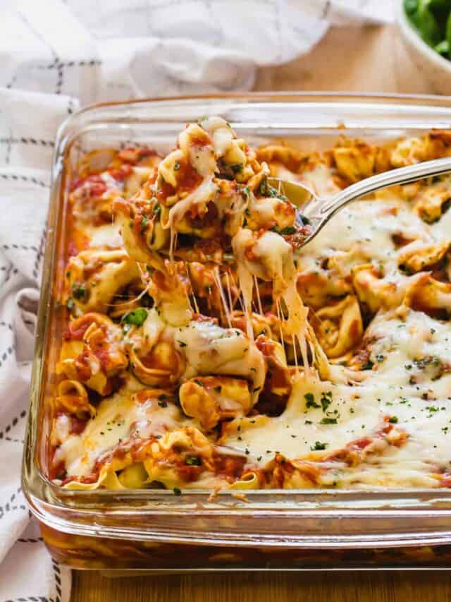 baked cheese tortellini in glass dish