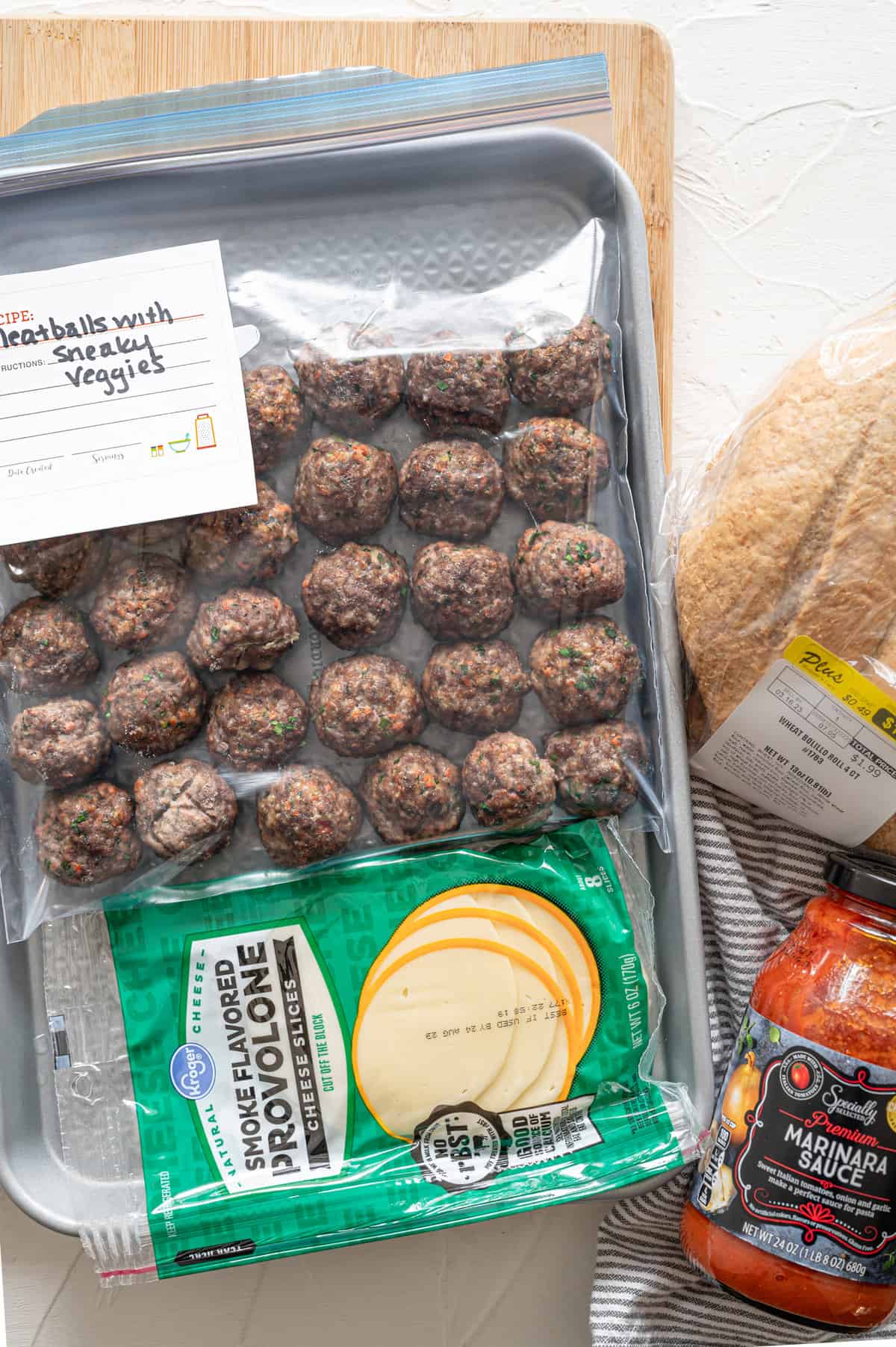 Freezer meal kit for easy meatball subs.
