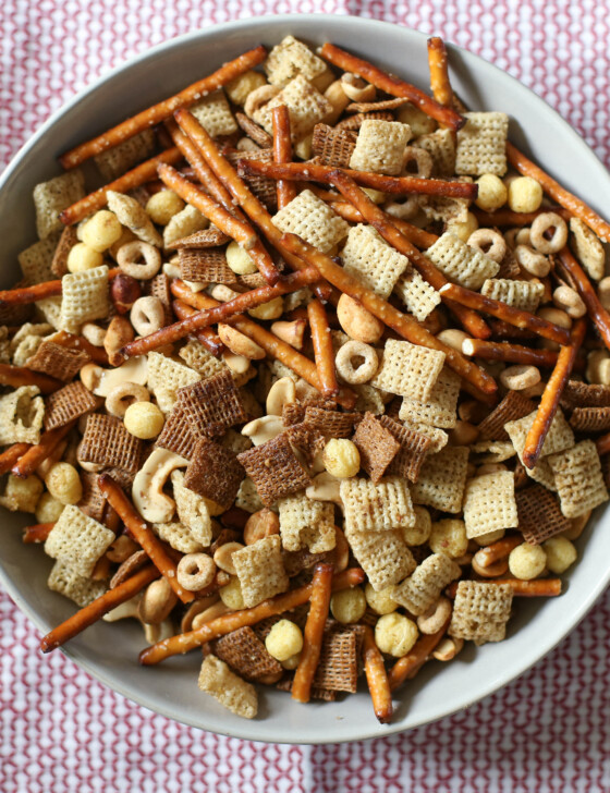 Homemade chex mix in a bowl.