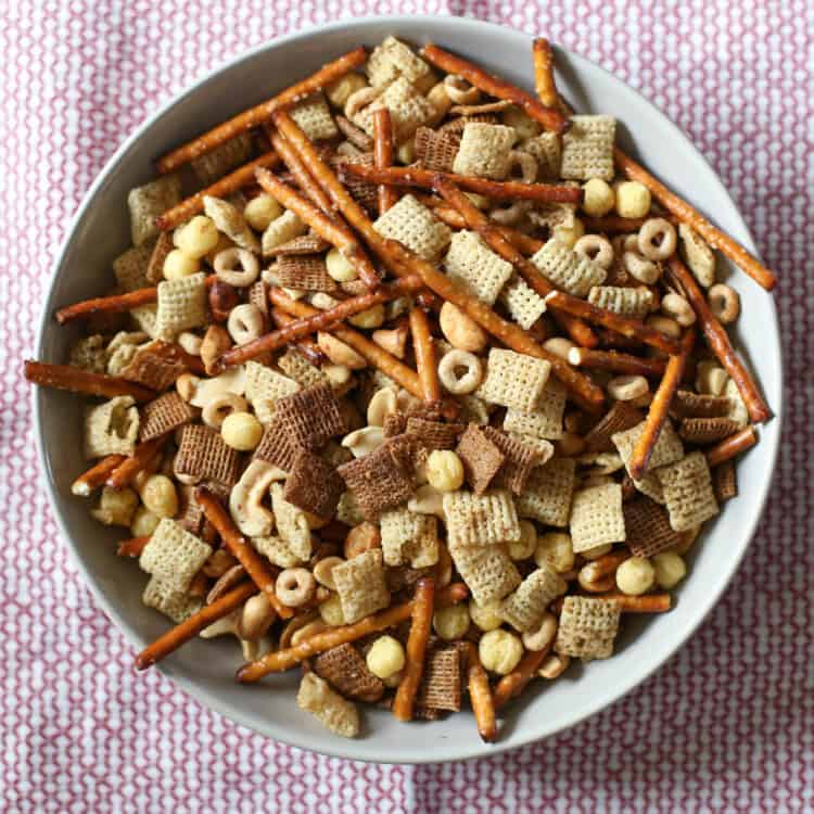 Homemade chex mix in a bowl.