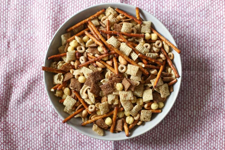 Bowl of homemade chex mix.