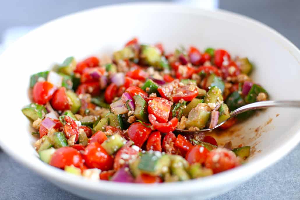 Cucumber Tomato Feta Salad in a white bowl