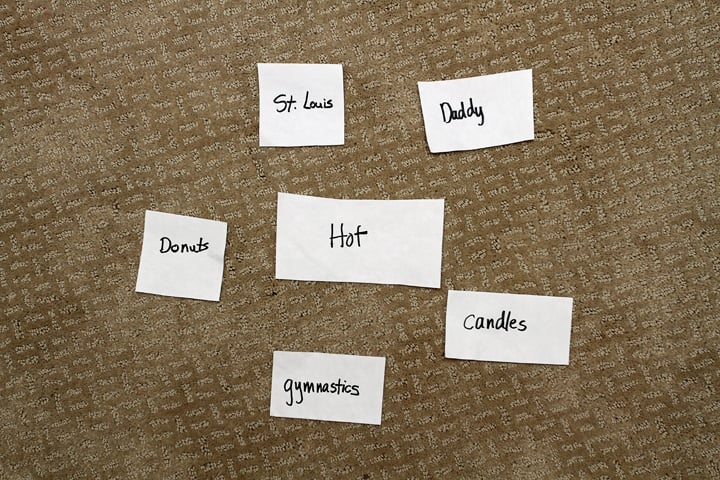 Pieces of scrap paper laying on the floor with nouns written on them for DIY Apples to Apples.