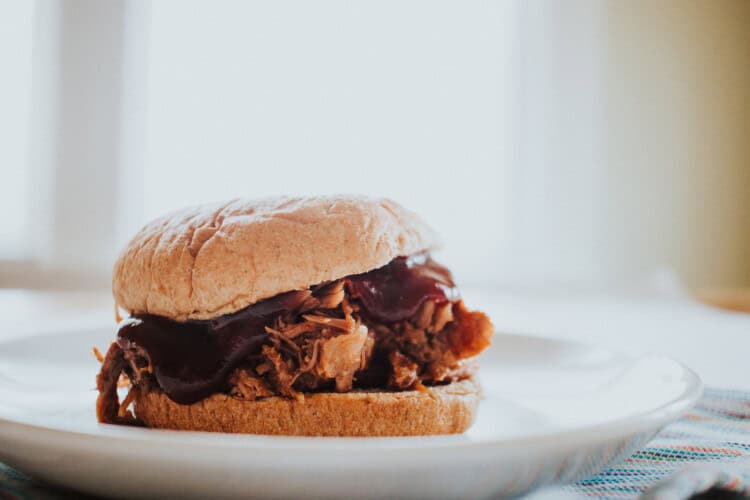 A pulled pork sandwich on a white plate.