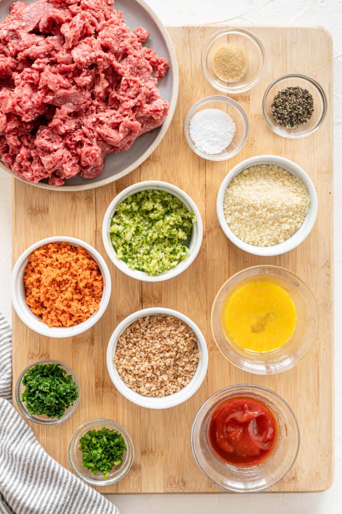 small bowls of ingredients for healthy baked meatballs