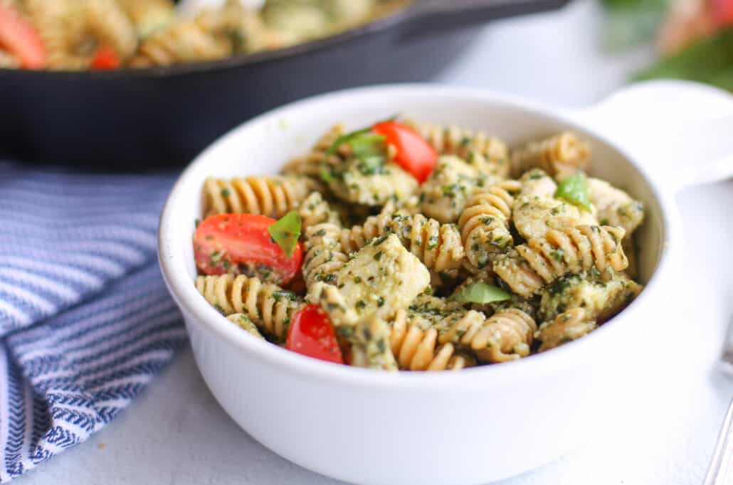 pesto chicken pasta in a bowl