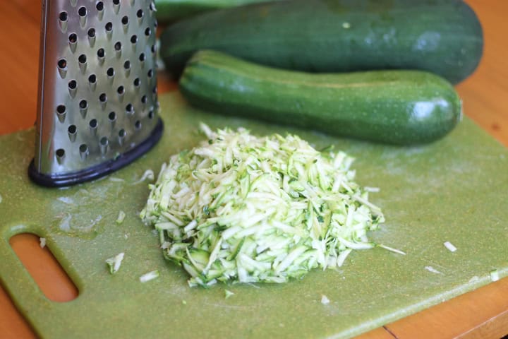 Shredded zucchini ready for the freezer.