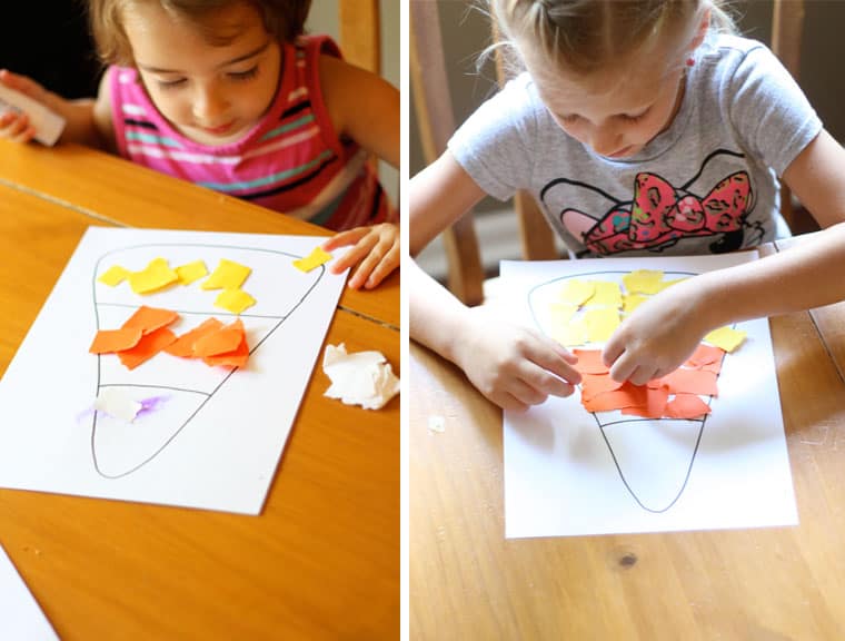 Two individual pictures side by side of two different kids making the candy corn craft.