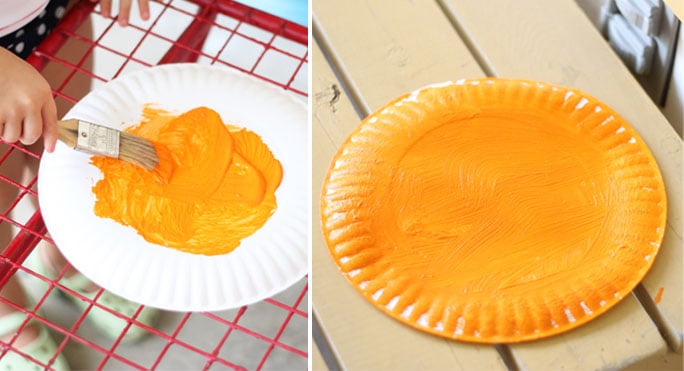 An image of a child painting a paper plate with orange paint and an image of a paper plate completely covered in the orange paint.