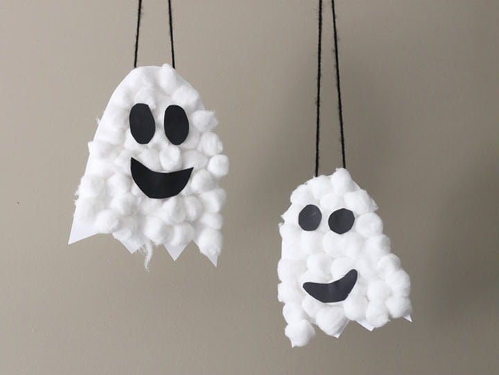 Two hanging puffy ghost Halloween crafts.