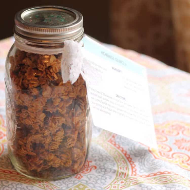 Homemade granola in a jar with a bow.