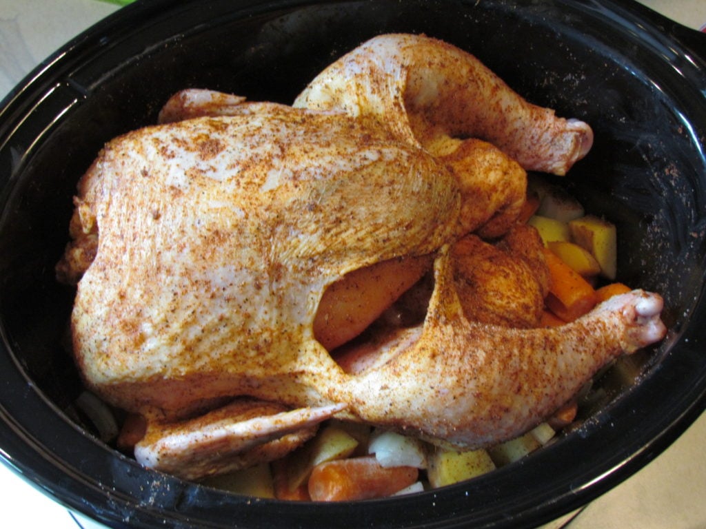 Slow Cooker Whole Chicken with Veggies - An easy and healthy weeknight dinner.