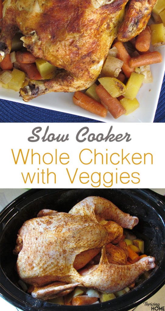Slow Cooker Chicken and Veggies resulted in perfectly moist chicken and flavorful veggies. This simple method of generously seasoning the chicken inside and out took no time at all and was a family-pleaser.
