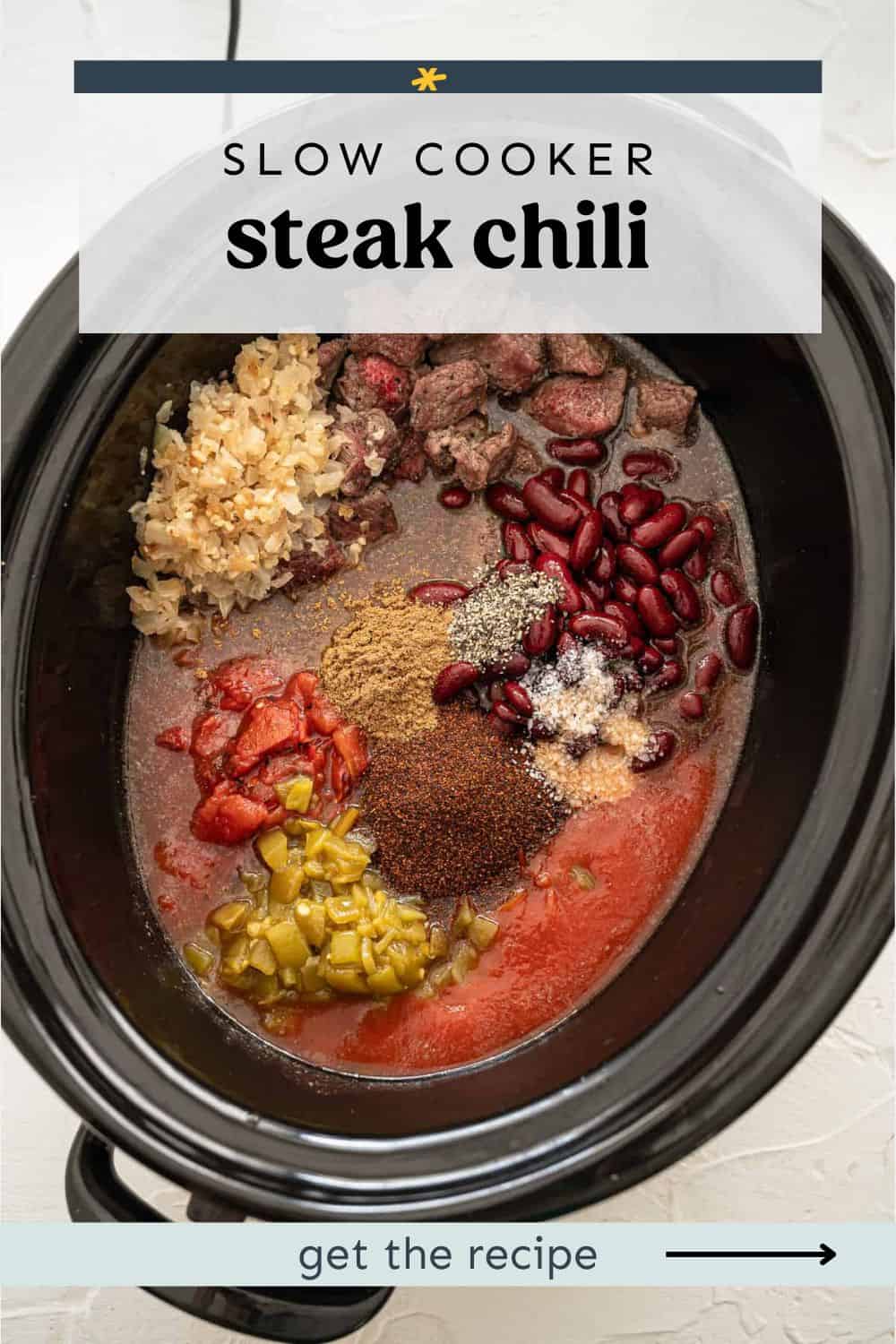 Ingredients for steak chili with stew meat in a crockpot.