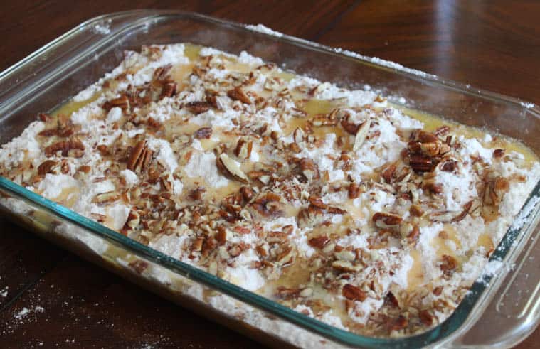 Pumpkin dump cake prepped and ready to go into the oven. 