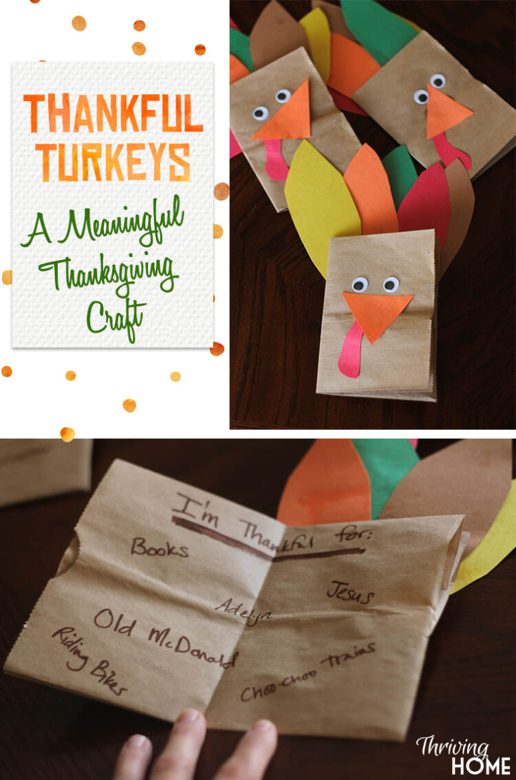 Collage of paper sack turkeys and writing on paper bags of things to be thankful for.