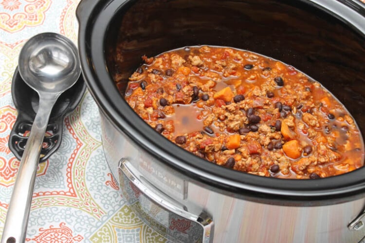 Slow cooker turkey chili with sweet potatoes.