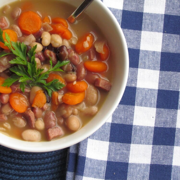 Cheap, rich and savory, and good for you too! This Ham and Bean Soup is a perfect winter comfort food. #freezermeal #realfood