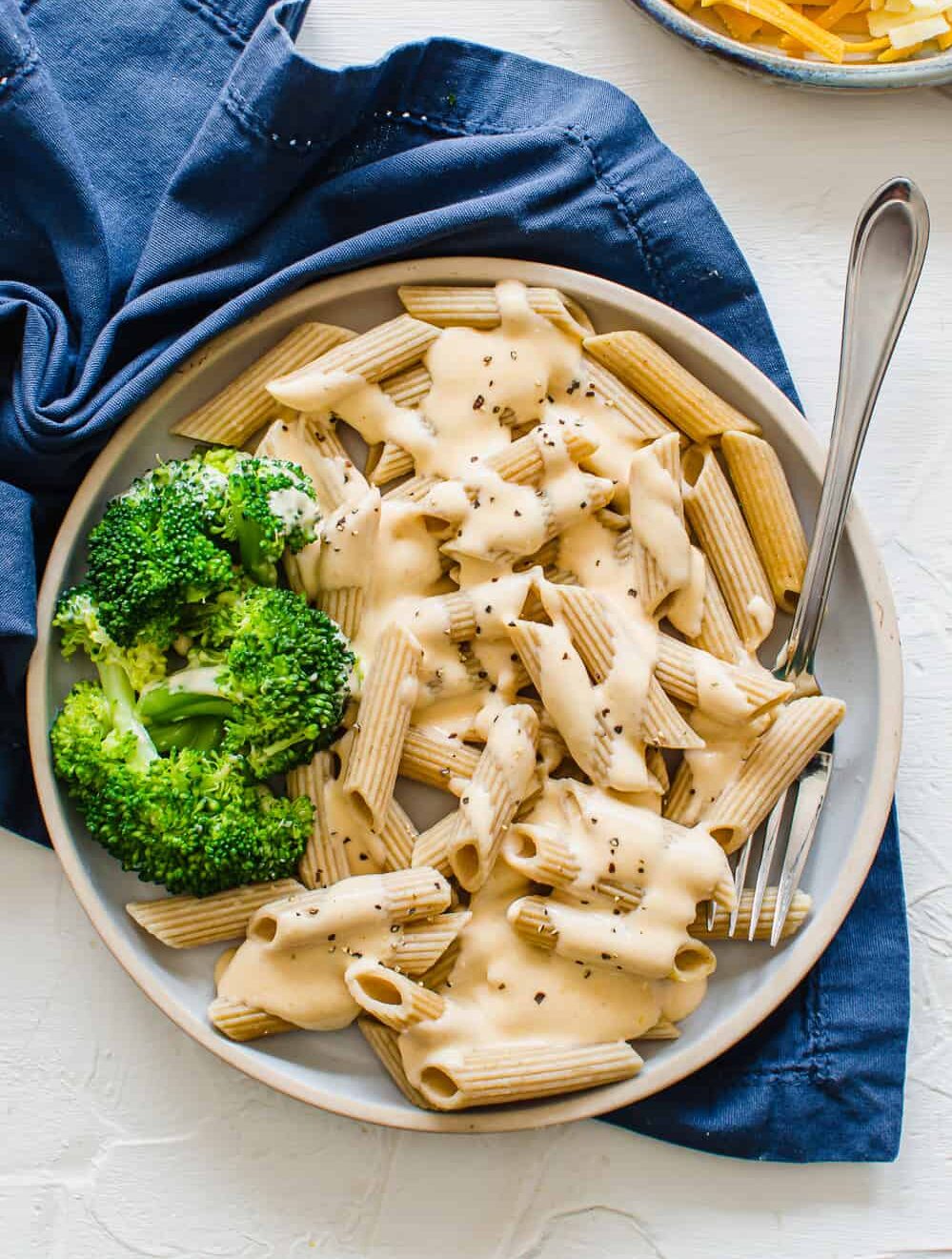 Cheese sauce for pasta with steamed broccoli on the side.